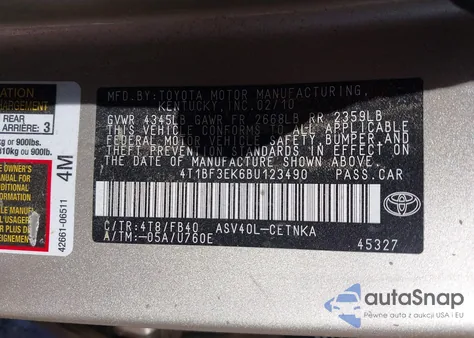 2011 Toyota Camry Le z USA, uszkodzony, nr VIN 4T1BF3EK6BU123490